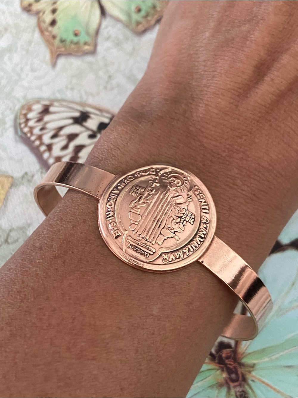 Rose Gold Coin Saint Benedict Cuff Bracelet - For protection & frequency